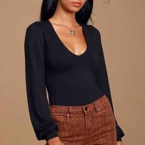Lulus Basics Kaylene Black V-neck Balloon Sleeve Bodysuit - Size S